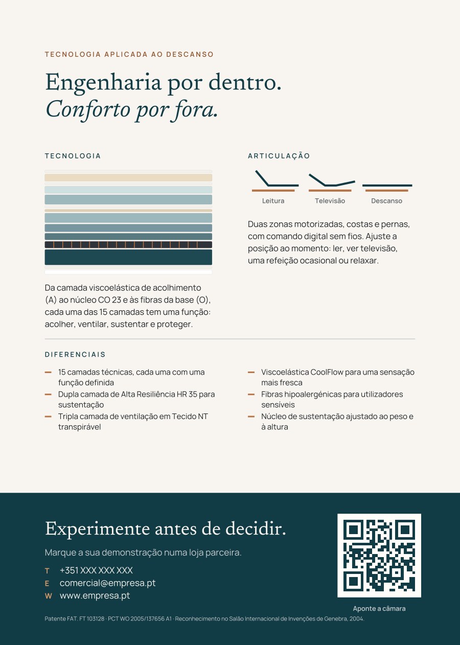 Panfleto A5, verso com tecnologia, articulação, diferenciais e QR